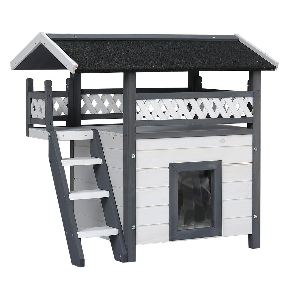 Outdoor Wooden Cat House & Hutch, Two-Level Design