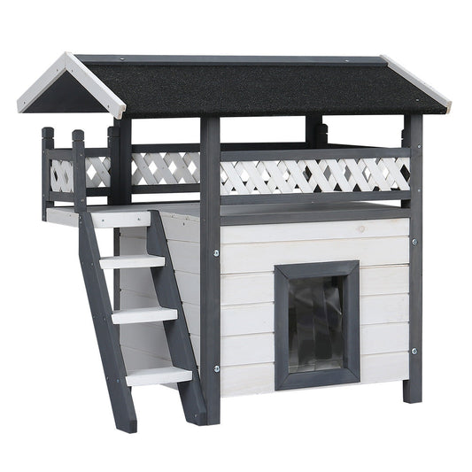 Outdoor Wooden Cat House & Hutch, Two-Level Design