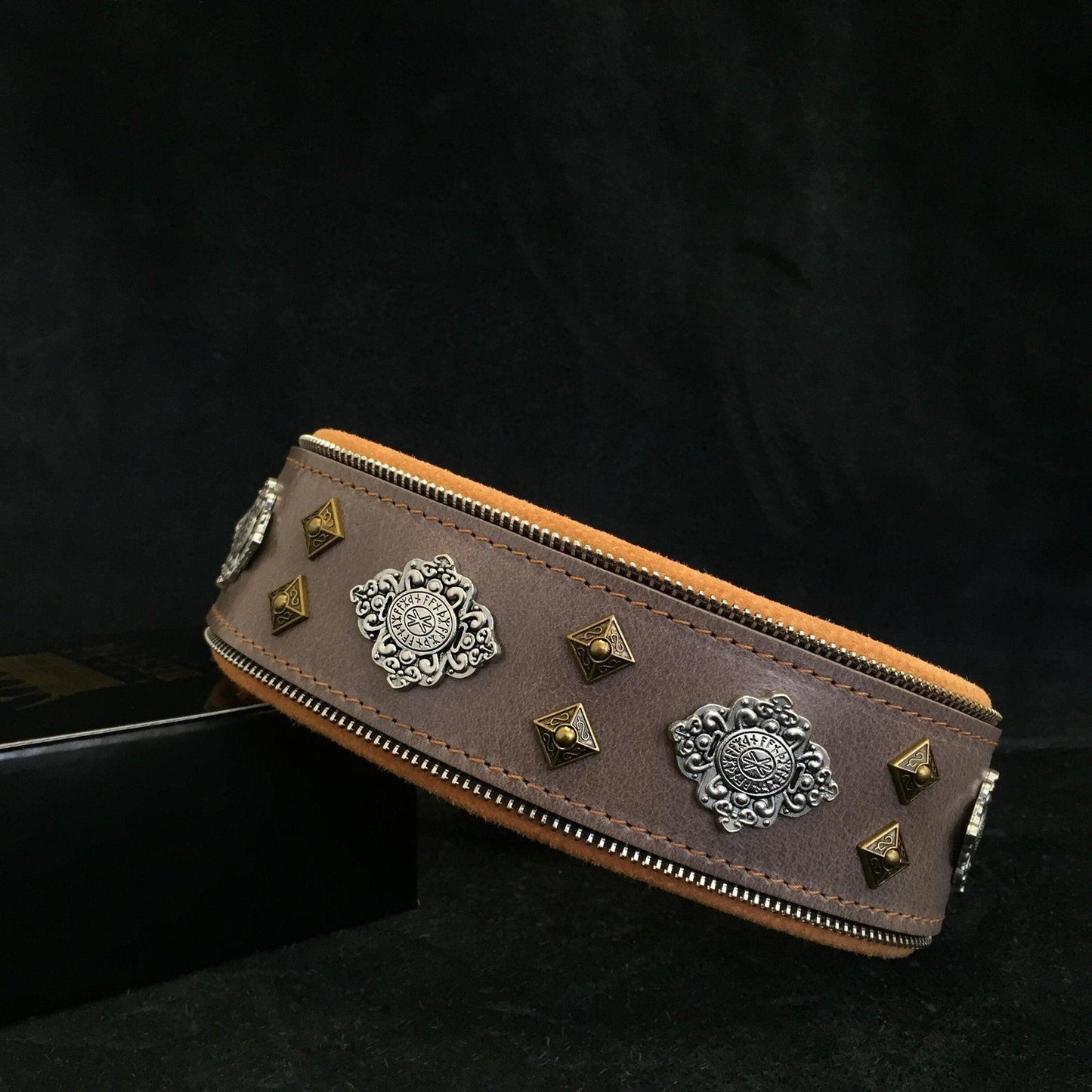 Aztec Grey Leather Dog Collar