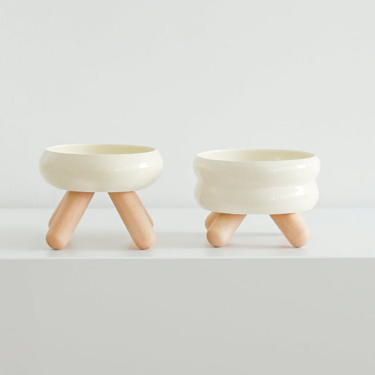 Elevated Ceramic Pet Water Bowl with Wooden Stand